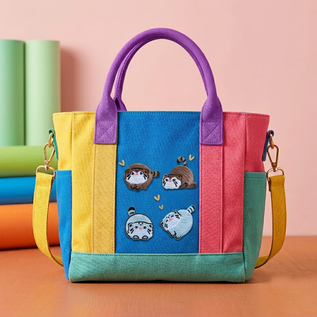 grumpy chunky blue cat manul embroidered stick-on patch on handbag