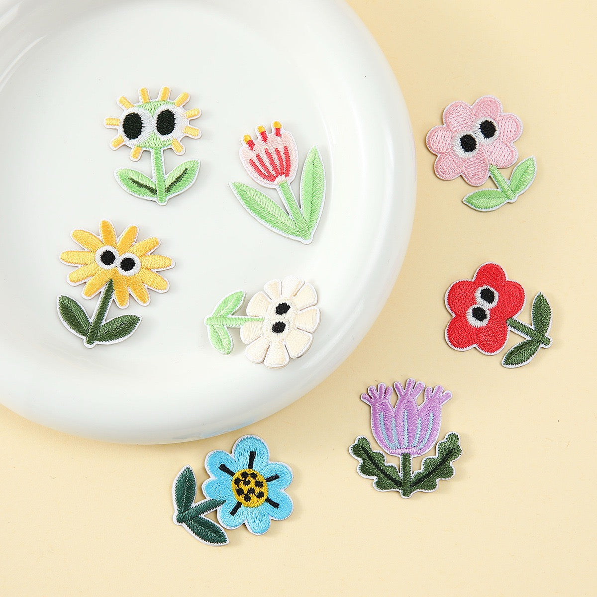 googly eyes floral garden embroidered stick-on patches full set flat lay