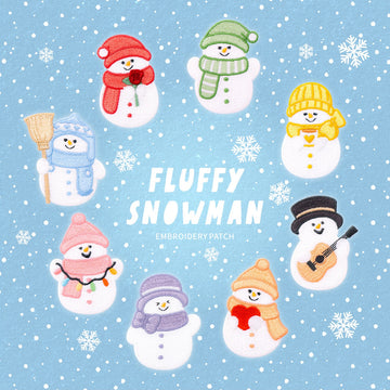 full set of eight fluffy snowman cute winter embroidered stick-on patches