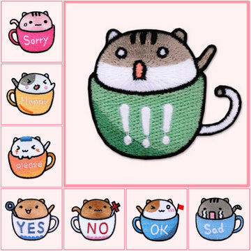 set of eight kawaii teacup cat mood embroidered stick-on patches