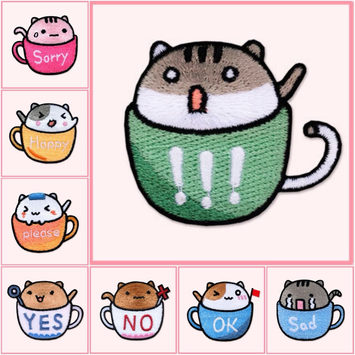 set of eight kawaii teacup cat mood embroidered stick-on patches