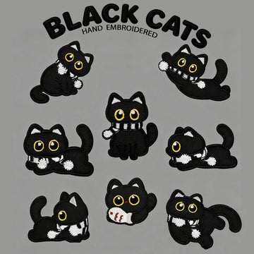 cozy black cat embroidered stick-on patches full set of eight