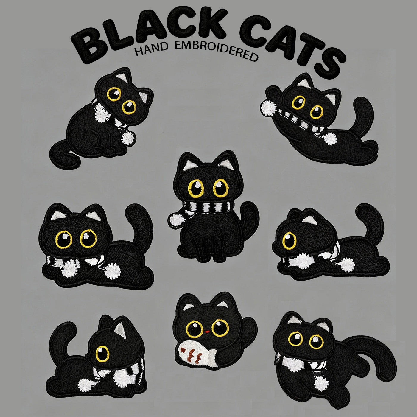 cozy black cat embroidered stick-on patches full set of eight