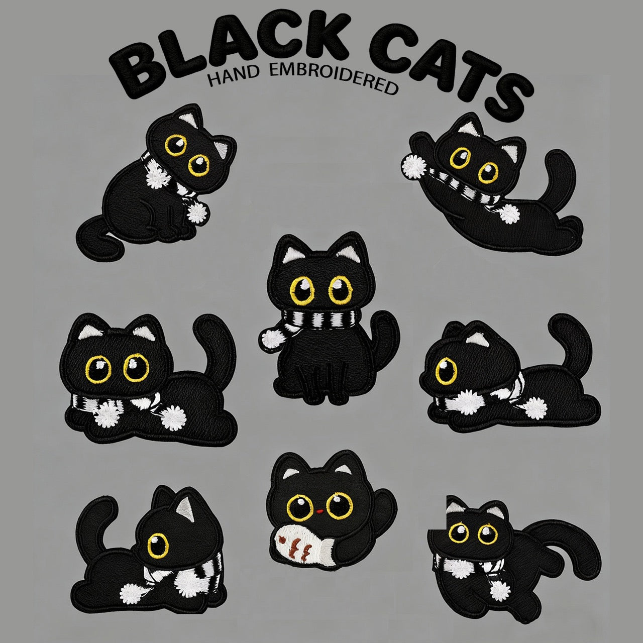 Scarf-Wearing Black Cat Patches (Stick-On)