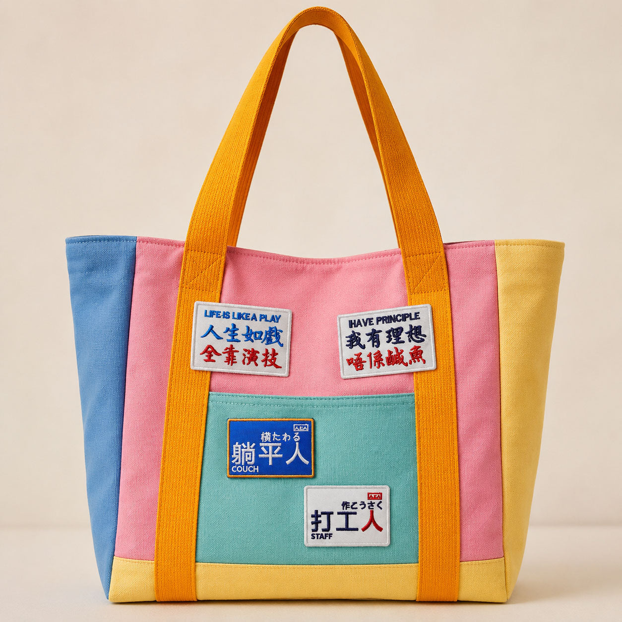funny Chinese slang embroidered stick-on patches decorating a pastel color-block canvas tote