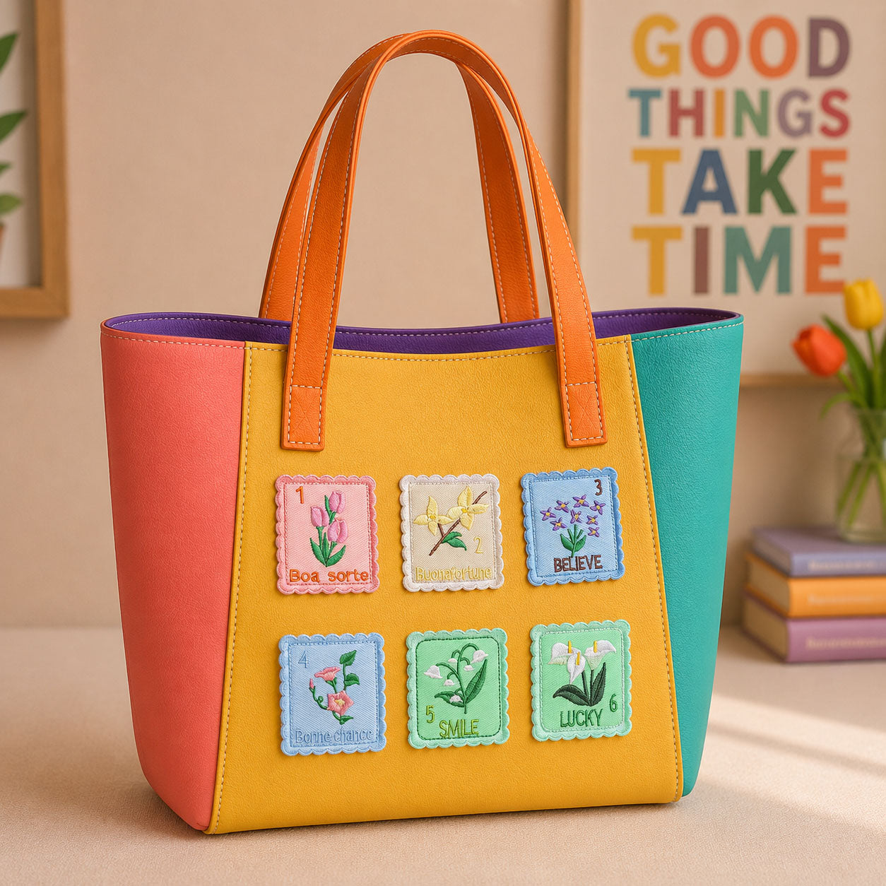vintage floral stamp patches with believe smile and lucky text decorating an orange and yellow color-block leather handbag