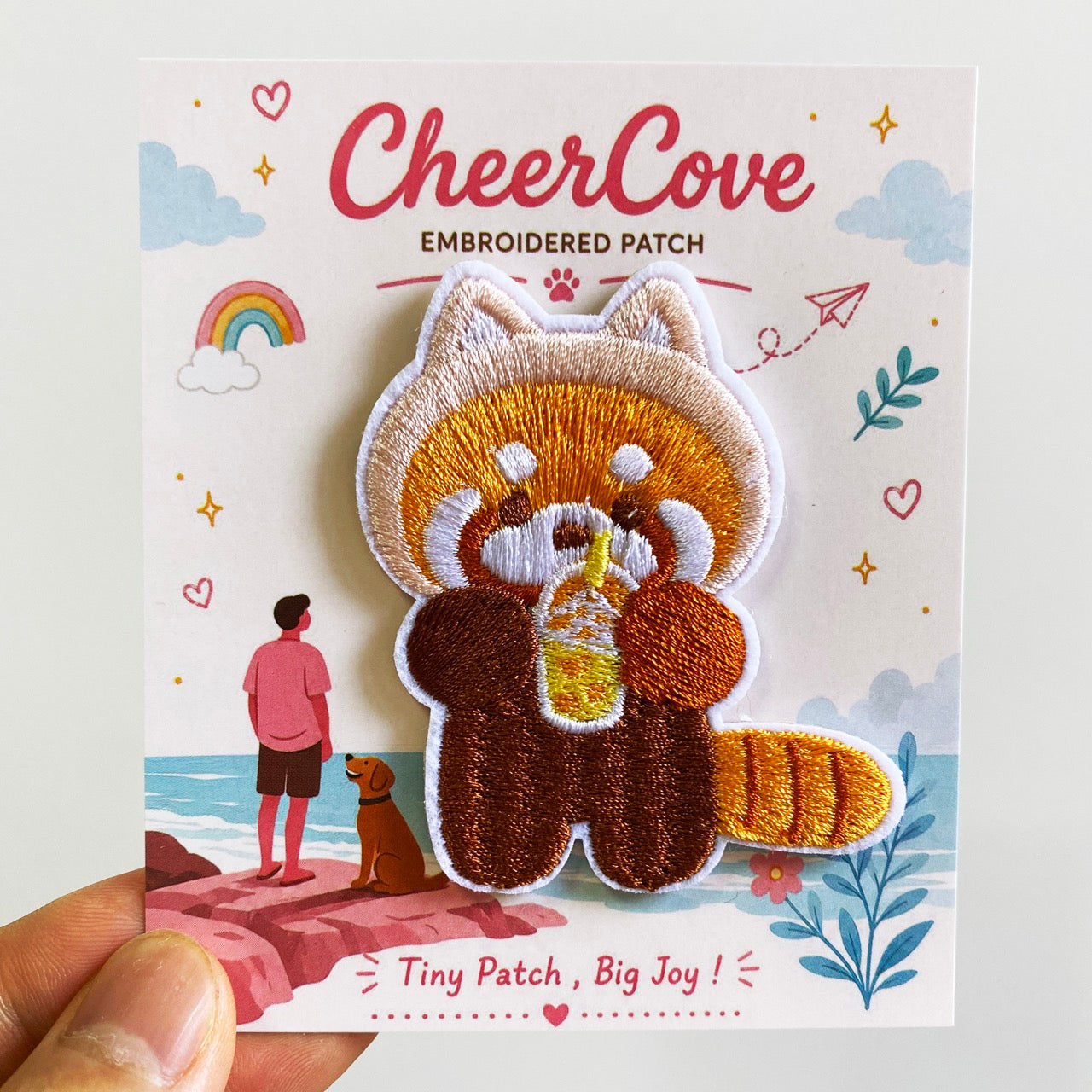 brown bear hoodie red panda with matcha tea embroidered stick-on patch with packaging