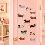 long dachshund in headphone pajamas denim star jacket lucky dole vest crown on skateboard striped shirt polka dot sweater and scarf stick-on patches on a pink door