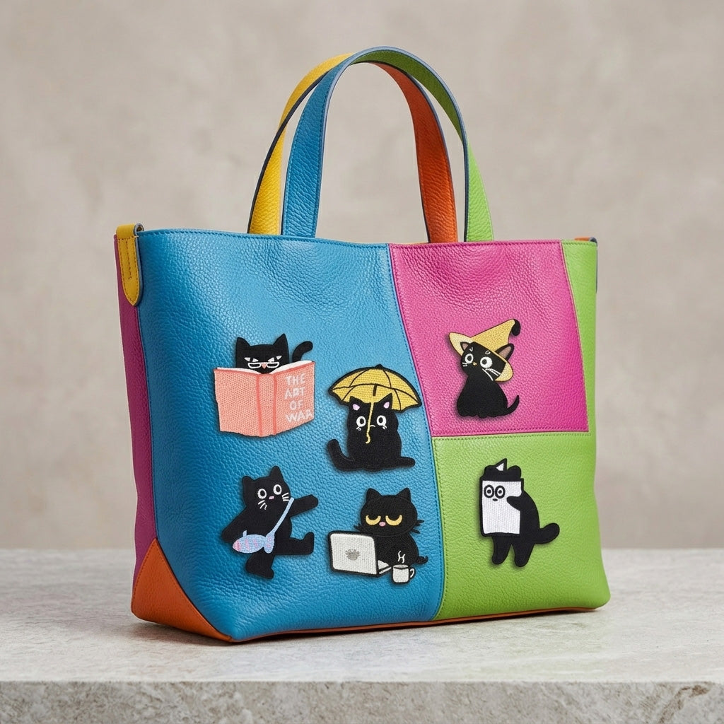 daily life black cat patches with art of war book yellow umbrella and laptop decorating a color-block bag
