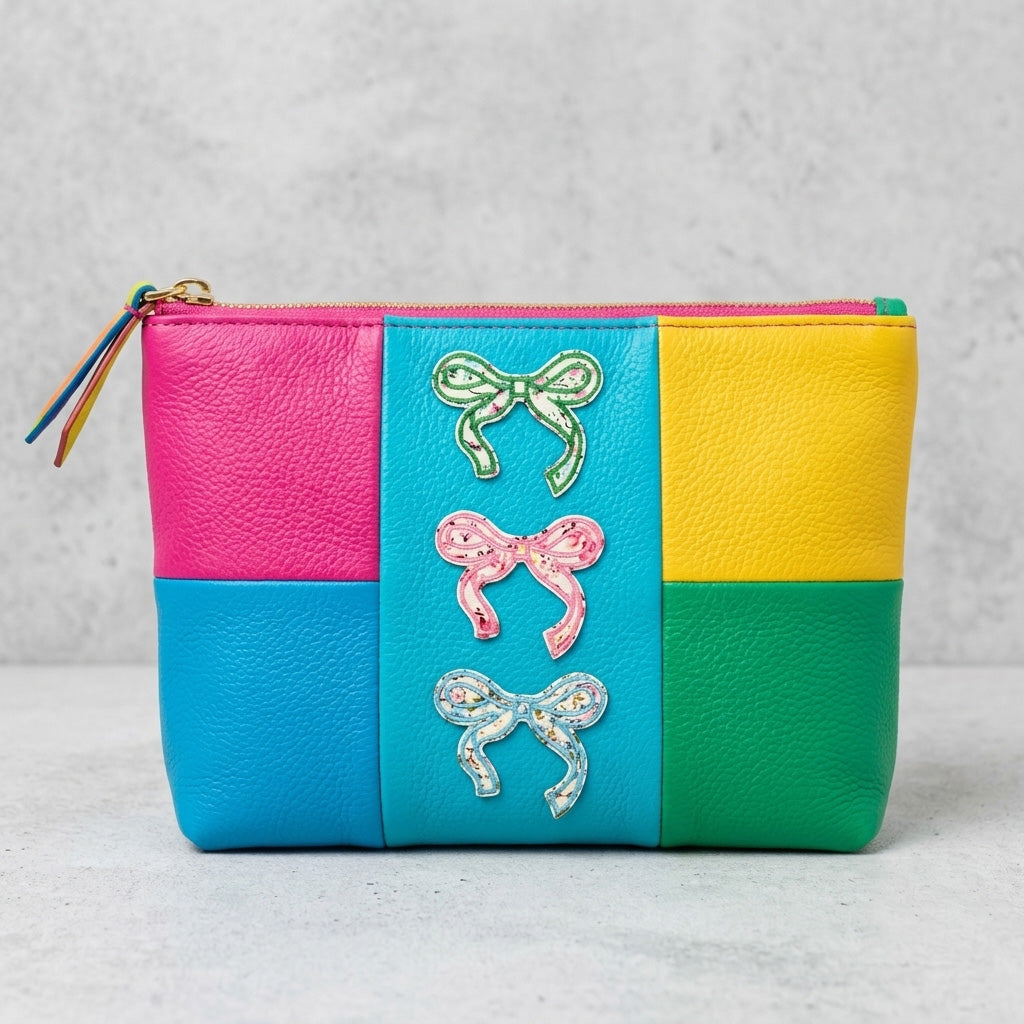 vintage ditsy floral bow stick-on embroidered patch on makeup bag