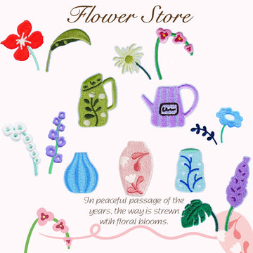 full set of ten whimsical flora and ceramic vase embroidered stick-on patches