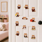 red panda holding lollipop strawberry apple donut boba and ok omg text stick-on patches scattered on a white bedroom door