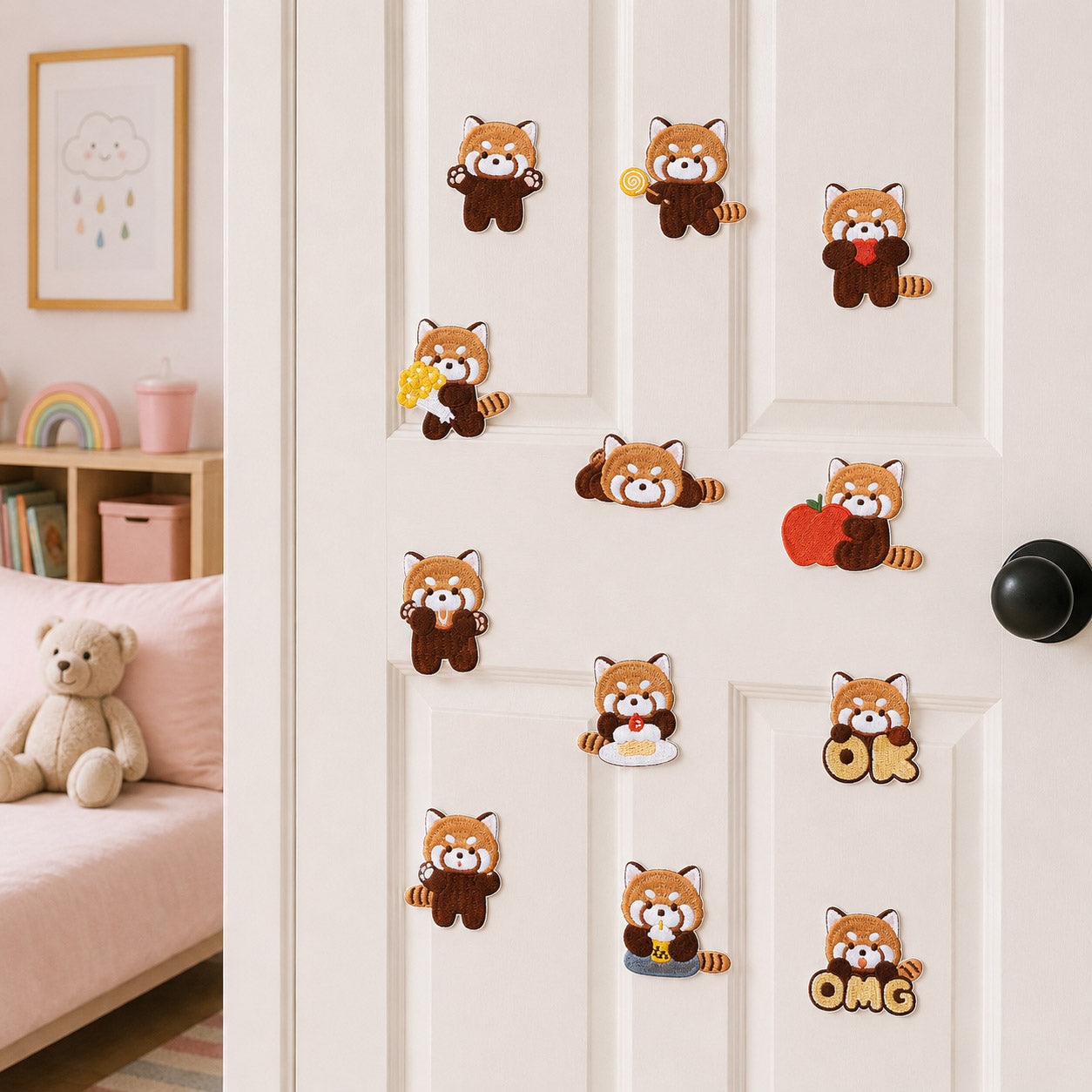 red panda holding lollipop strawberry apple donut boba and ok omg text stick-on patches scattered on a white bedroom door
