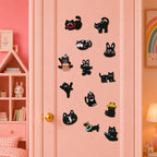 black cat in bunny ears red collar birthday hat and straw hat with dachshund in donut collar in thirteen poses stick-on patches on a pink door in a girls room