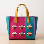 six standing red panda patches in wolf panda bunny tiger shark and bear costumes on a bold color-block bag
