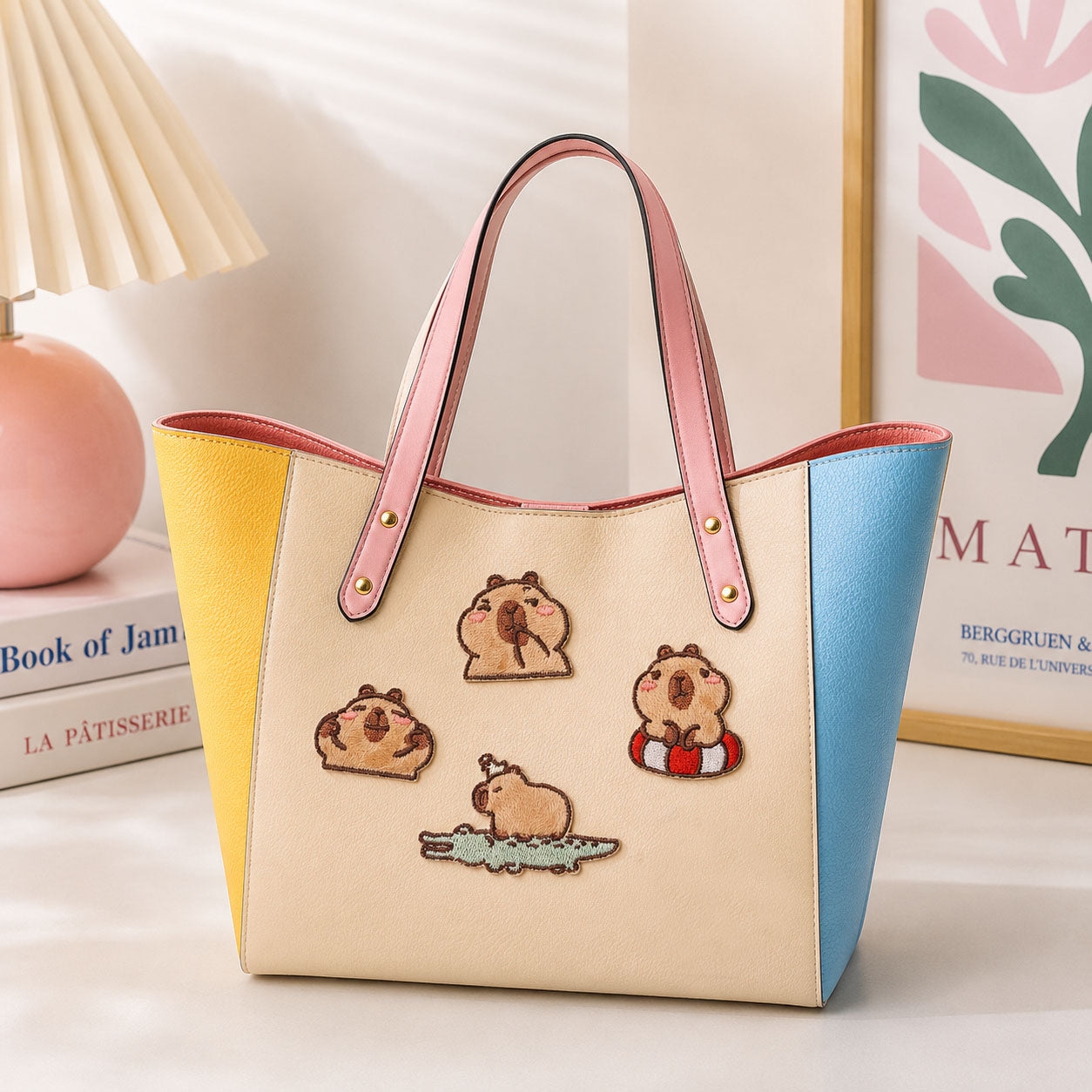 relaxing capybara in hot spring and on crocodile stick-on patches decorating a yellow and blue color-block leather handbag