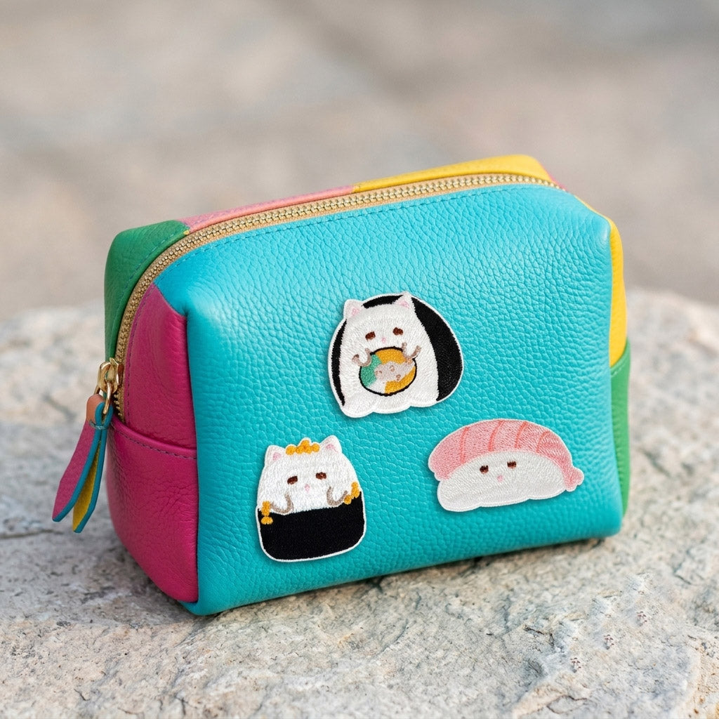 kawaii cat sushi embroidered stick-on patch on makeup pouch
