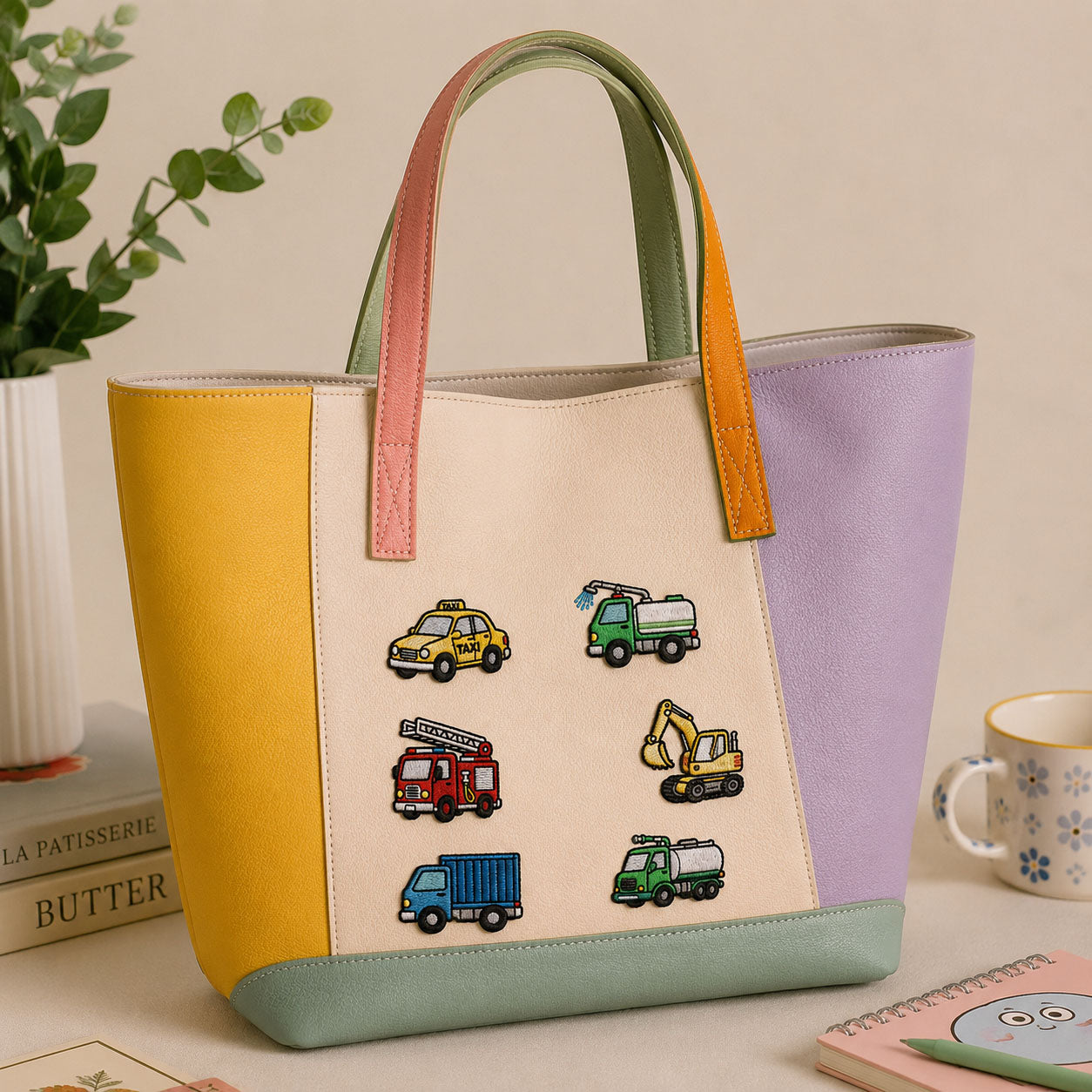 cute cartoon vehicle embroidered stick-on patches on a canvas tote bag