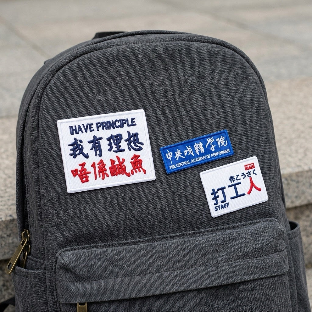 funny Asian pop culture quote embroidered patch on canvas backpack