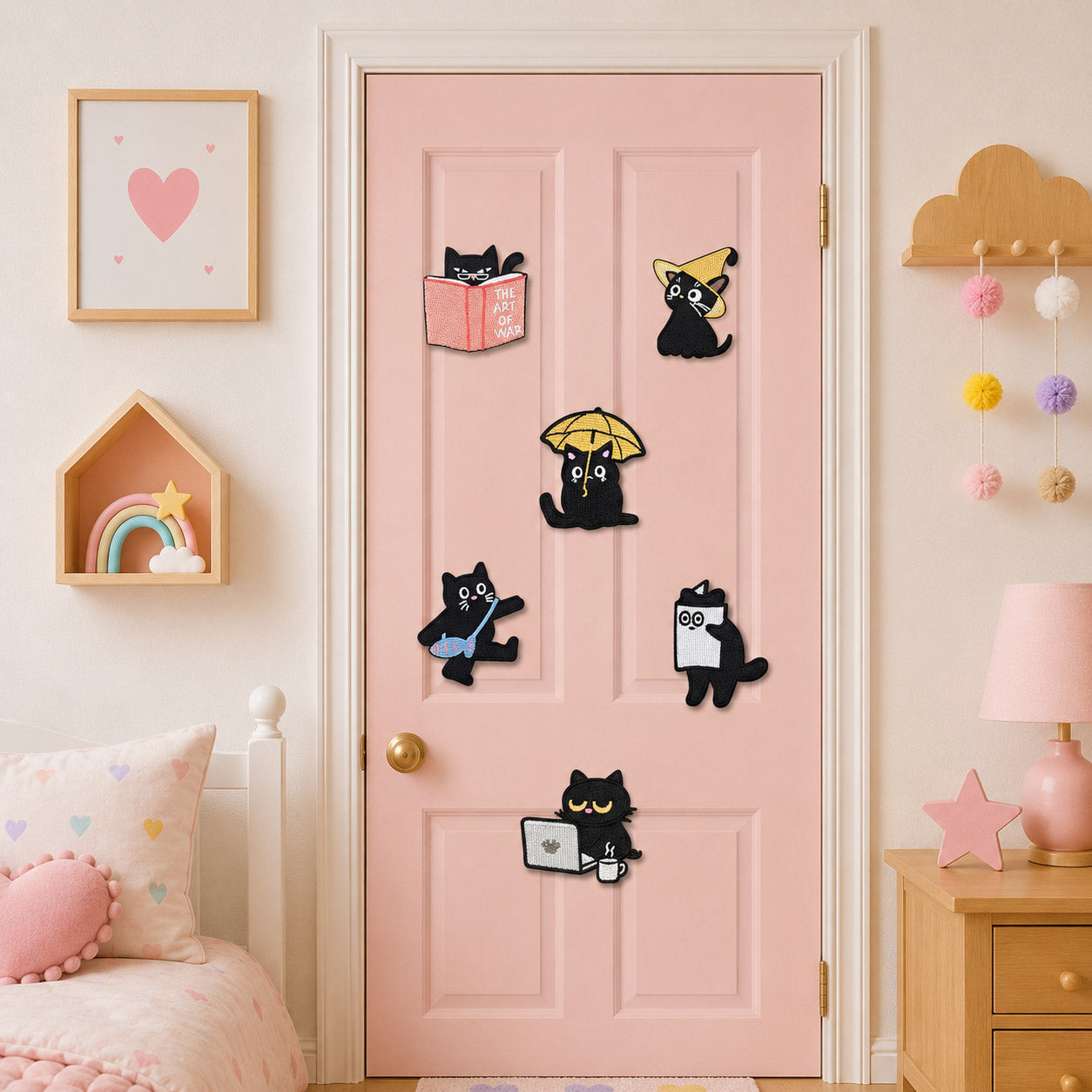 black cat with art of war book wizard hat yellow umbrella fish bone robot and laptop coffee cup stick-on patches on a pink door in a girls room
