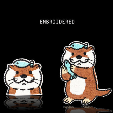 two cute otter embroidered stick-on patches complete set