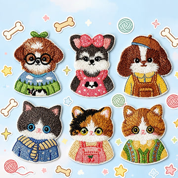 cute dressed pets embroidered stick-on patches — three cats and three dogs each in a unique outfit including overalls scarf sweater beret glasses and bow dress