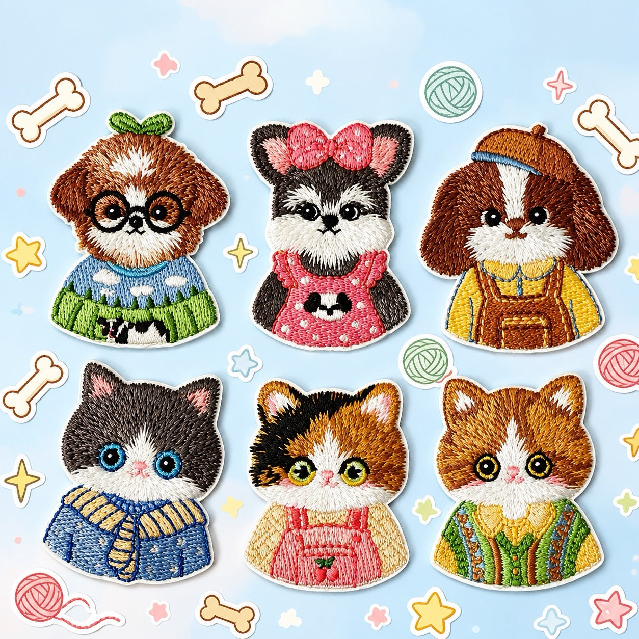 cute dressed pets embroidered stick-on patches — three cats and three dogs each in a unique outfit including overalls scarf sweater beret glasses and bow dress