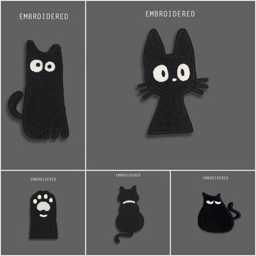 full set of 5 cute black cat embroidered stick-on patches