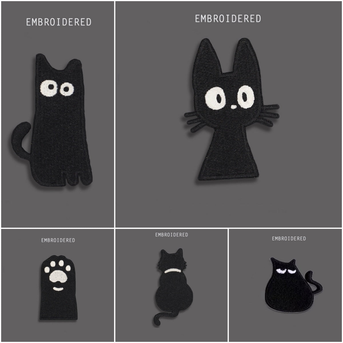 full set of 5 cute black cat embroidered stick-on patches
