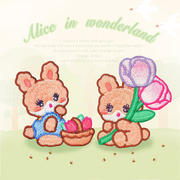 set of two alice rabbit and tulips embroidered stick-on patches