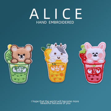 set of three animal bubble tea kawaii embroidered stick-on patches