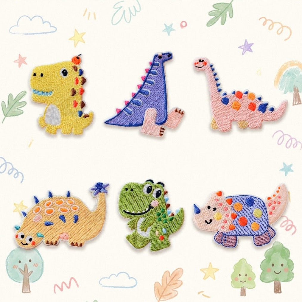 kawaii pastel dinosaur embroidered stick-on patches — six designs including yellow T-Rex purple Spinosaurus pink Brachiosaurus yellow Ankylosaurus green T-Rex and blue spotted Triceratops