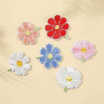 set of six colorful cosmos flower embroidered stick-on patches