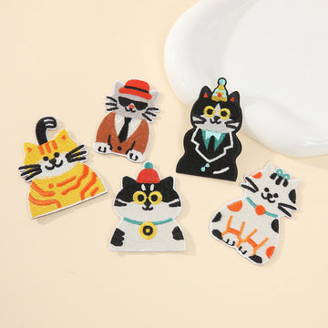 set of five whimsical dapper cat embroidered stick-on patches