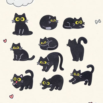 ten black cat expressions embroidered stick-on patches complete set
