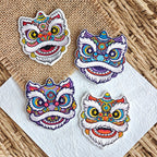 four Chinese guardian lion dance embroidered stick-on patches complete set all four colorways