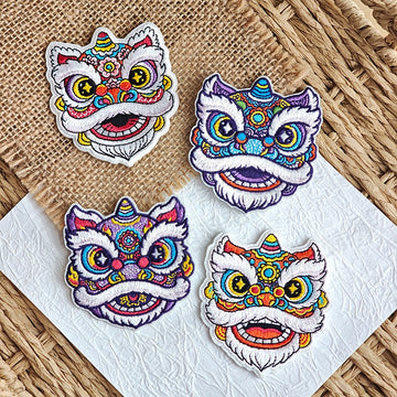 four Chinese guardian lion dance embroidered stick-on patches complete set all four colorways
