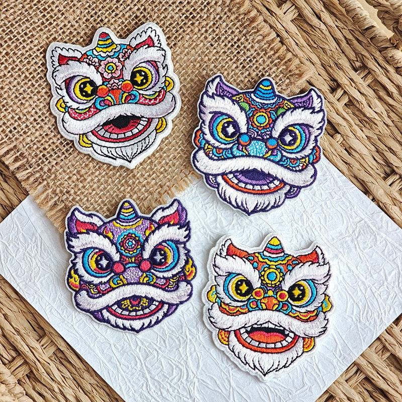 four Chinese guardian lion dance embroidered stick-on patches complete set all four colorways