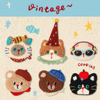 set of six vintage chenille cat and bear embroidered stick-on patches