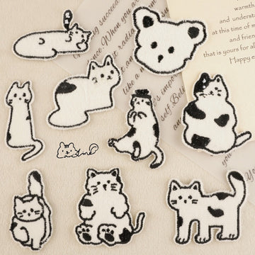 full set of 9 cute kawaii black and white cat stick-on embroidered patches