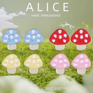set of four polka dot mushroom pair embroidered stick-on patches
