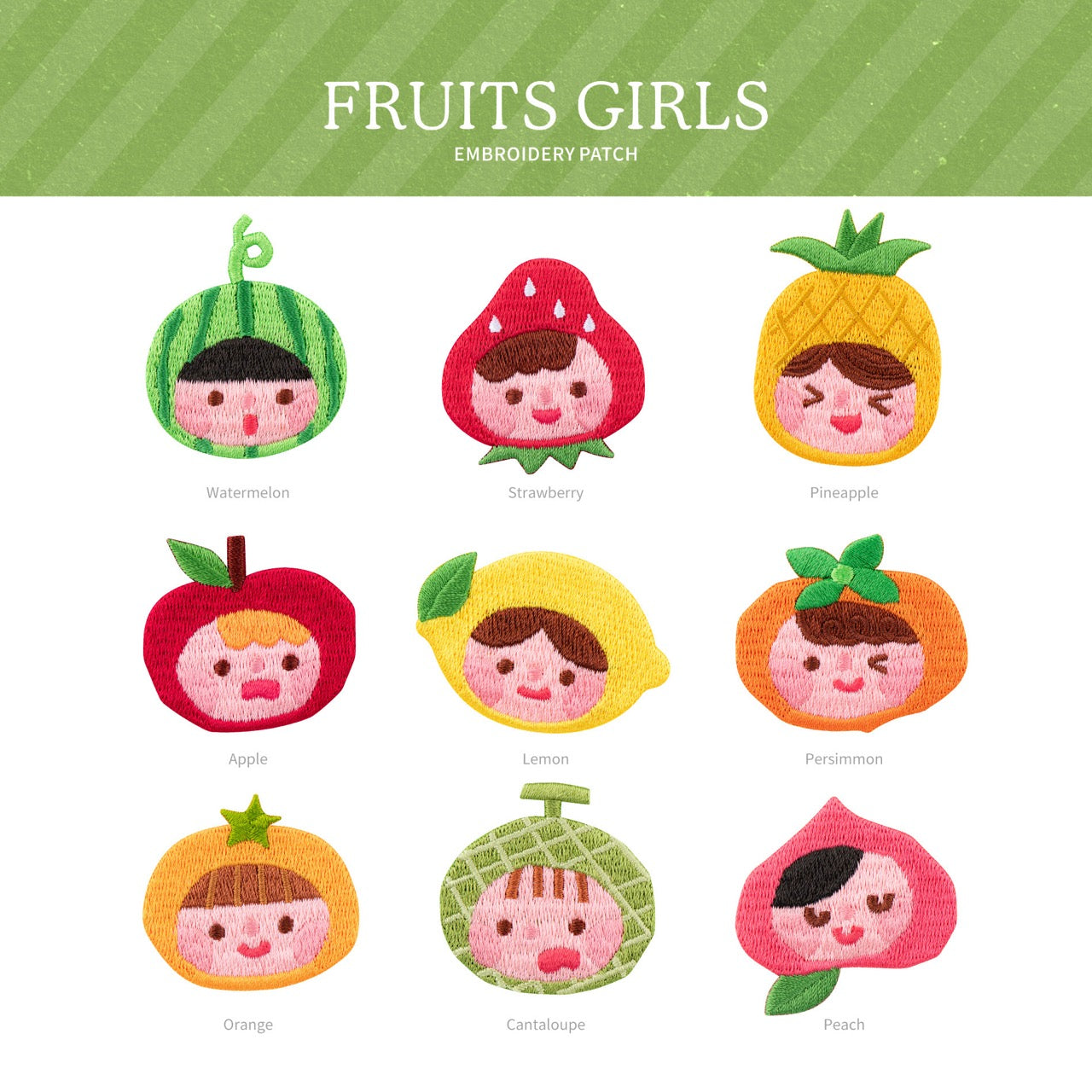 kawaii fruit girl embroidered stick-on patches full set of nine