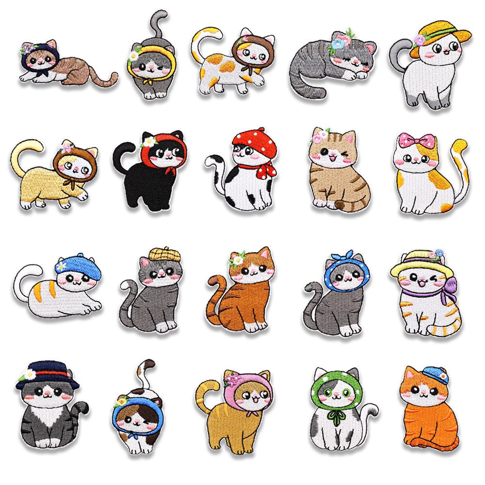twenty cottagecore cats in vintage hats embroidered stick-on patches complete set