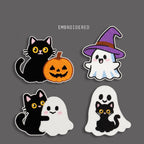cute Halloween ghost and black cat embroidered stick-on patches full set of 4 — all designs kawaii black white pink embroidery
