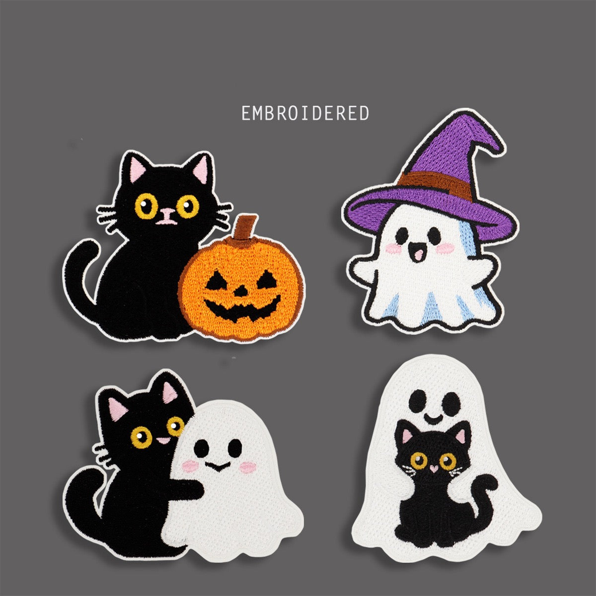 cute Halloween ghost and black cat embroidered stick-on patches full set of 4 — all designs kawaii black white pink embroidery