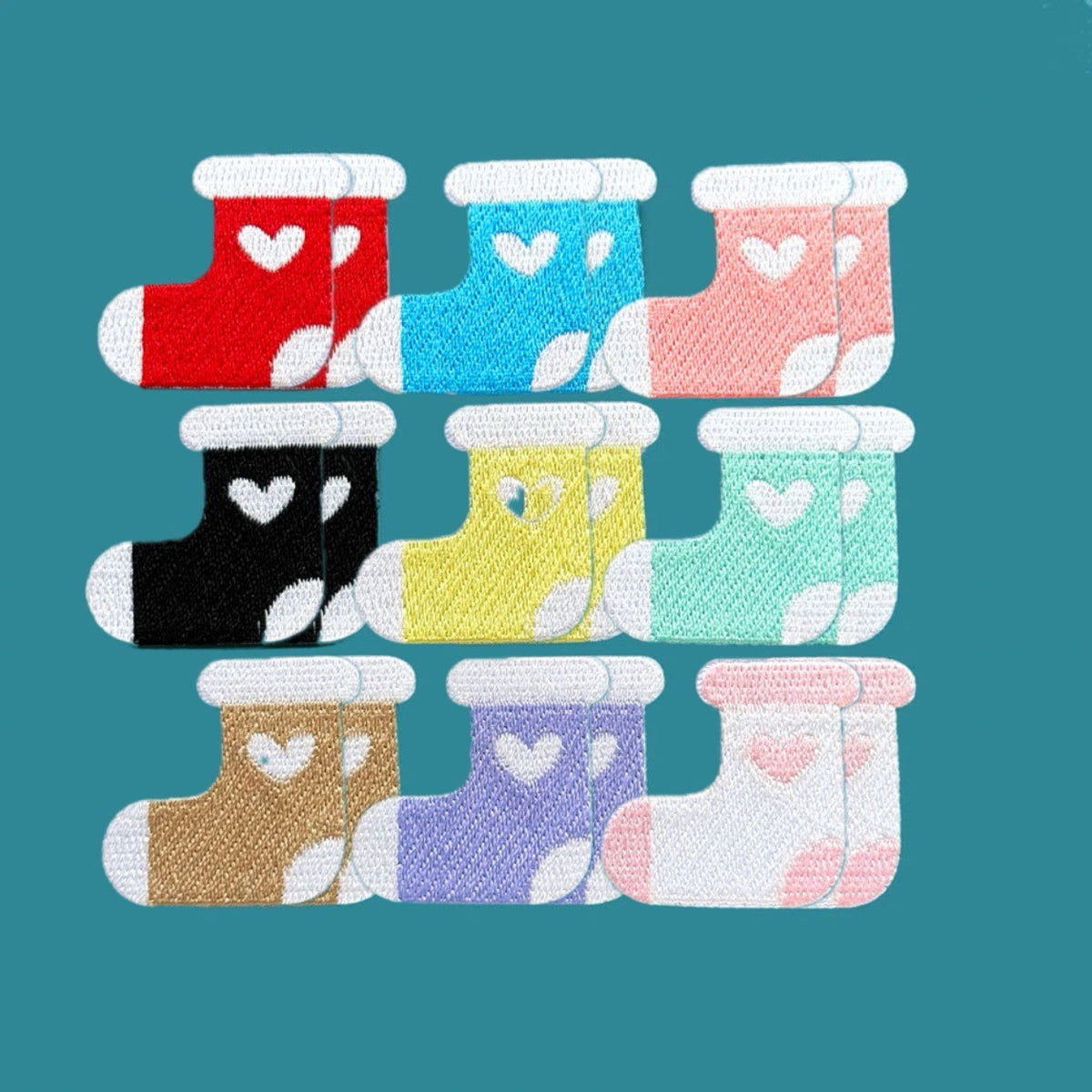 cute heart stocking embroidered stick-on patches full set of 9 pairs — all colours red sky blue coral pink black yellow mint green camel lavender white pink