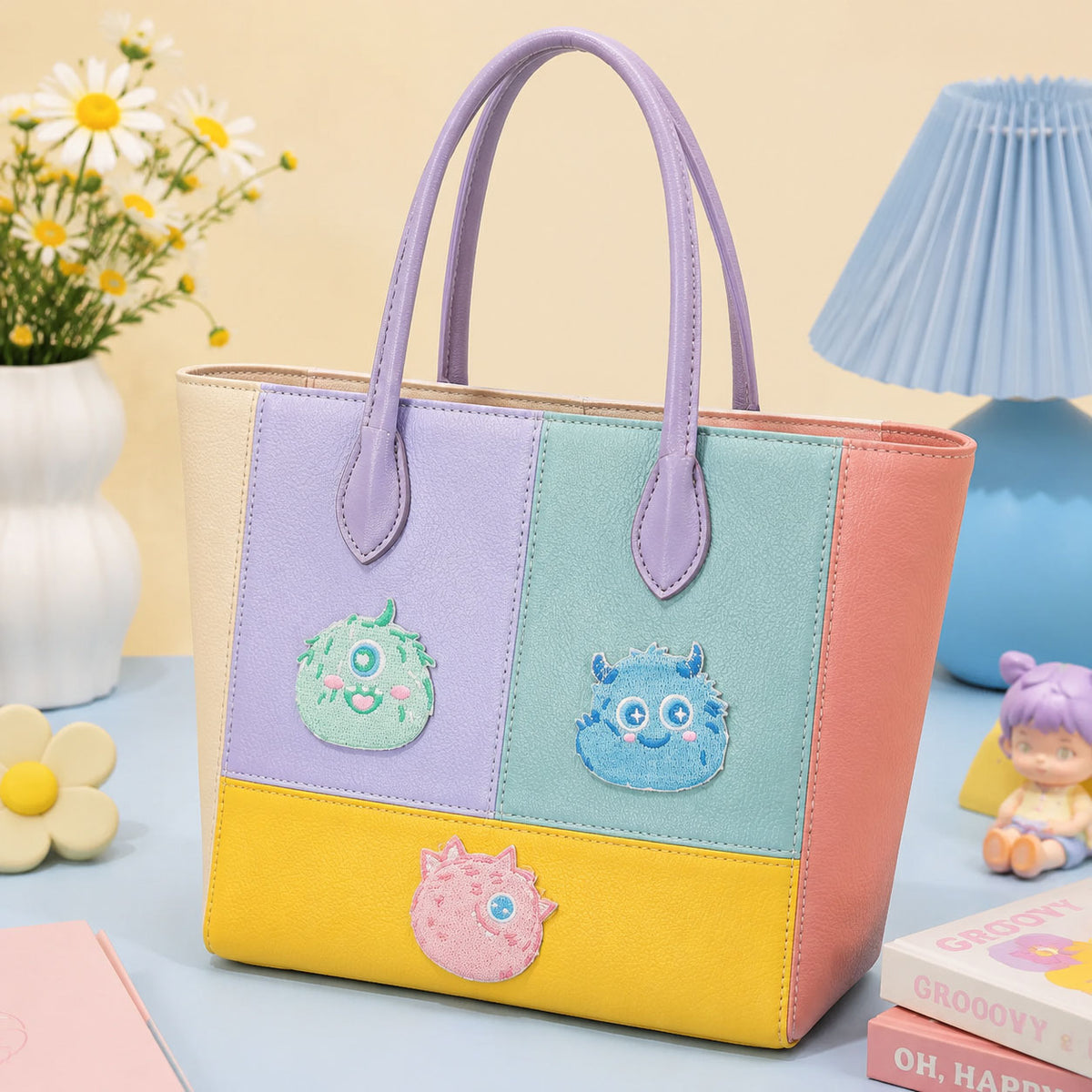 kawaii chubby monster patches with green unicorn horn cyclops blue fluffy double horn star eyes and pink spiky one-eyed monster on a lavender mint yellow tote bag