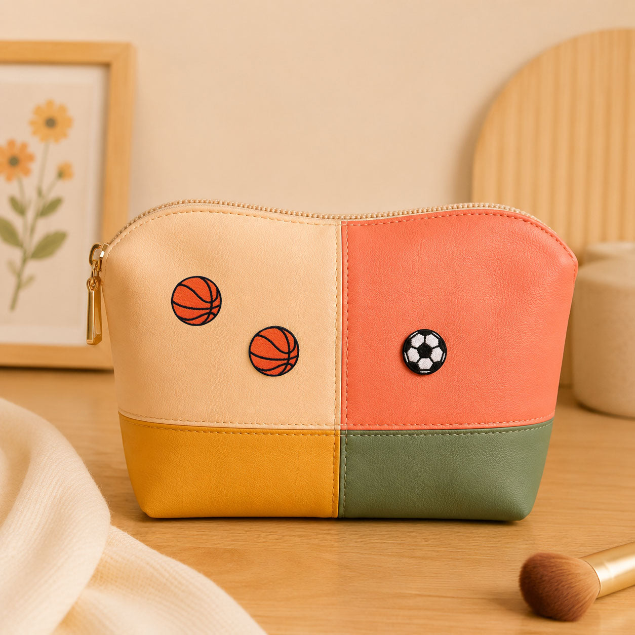 sports ball soccer and basketball embroidered patches on a four-color colorblock cosmetic pouch in cream coral yellow and olive green with gold zipper