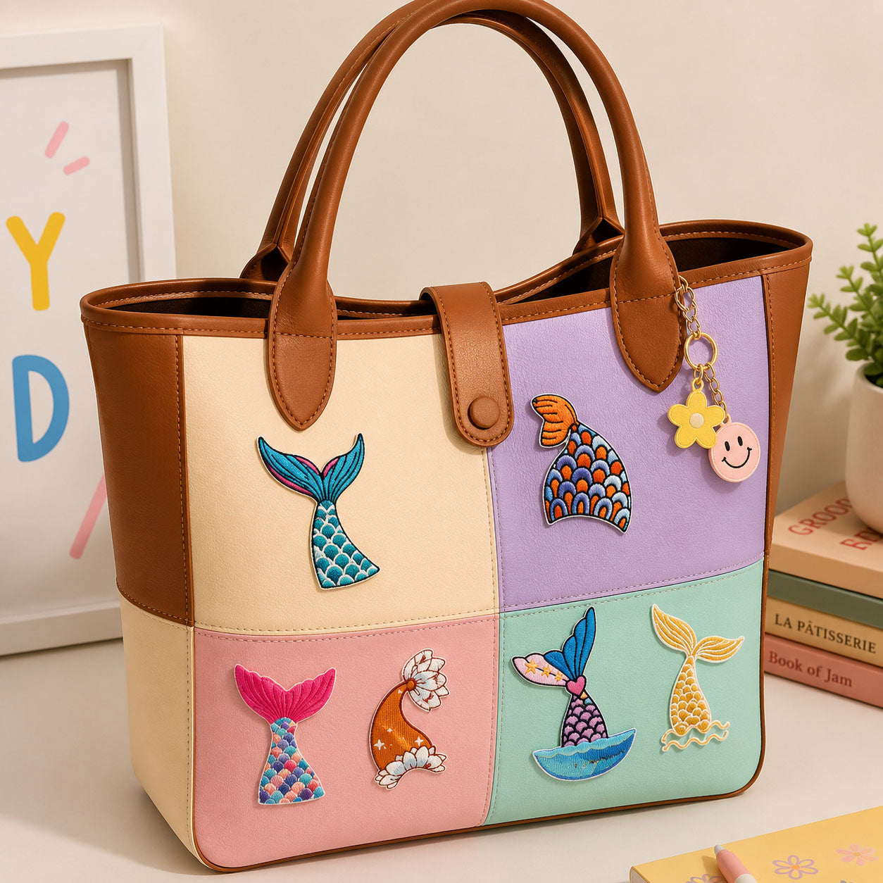 sparkly mermaid tail stick-on patches in mixed colors decorating a soft color-block leather handbag