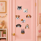 realistic fluffy puppy face patches including black husky white arctic fox jack russell bulldog licking tongue basset hound and doberman stick-on patches on a pink door in a pastel room